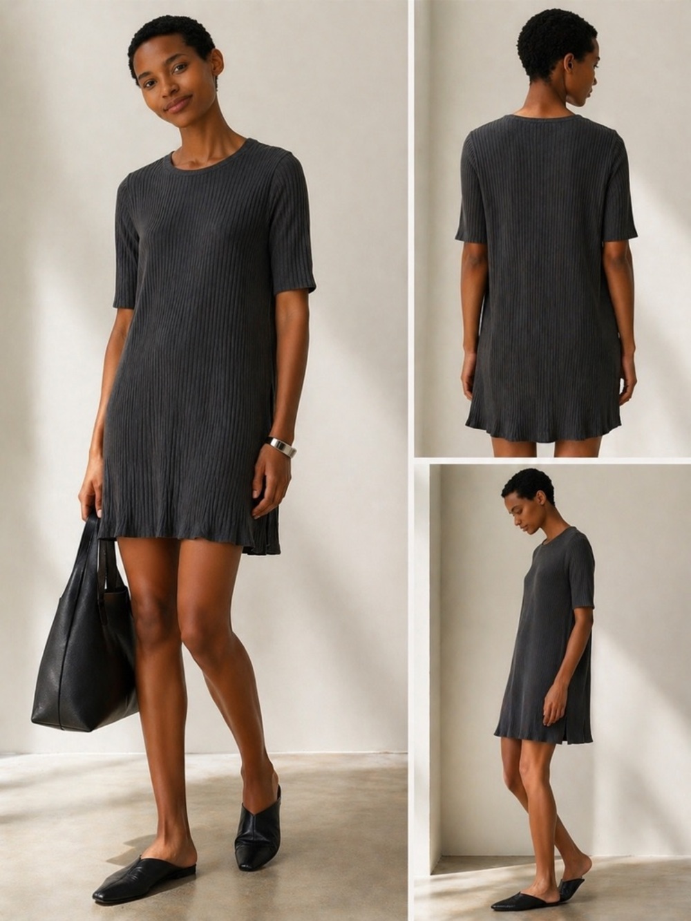 Eileen Fisher Short Sleeve Ribbed Tunic Dark Olive Green Bark Size Large